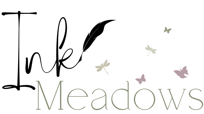 Ink Meadows: Literary Services Logo with a feather pen by the word ink, and butterflies above the word meadows