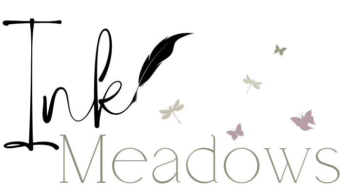 Ink Meadows: Literary Services Logo with a feather pen by the word ink, and butterflies above the word meadows